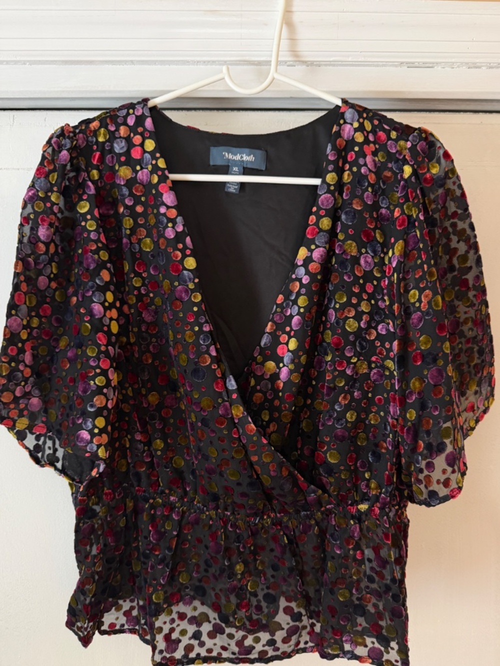 Modcloth Mystifying Musings Colorful Velvet Polka Dot V Neck Peplum Blouse